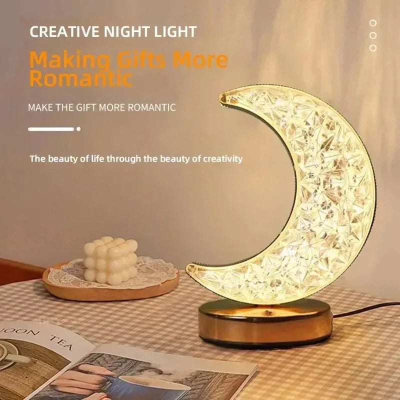 Moon-shaped night light on a table with text about making gifts more romantic.