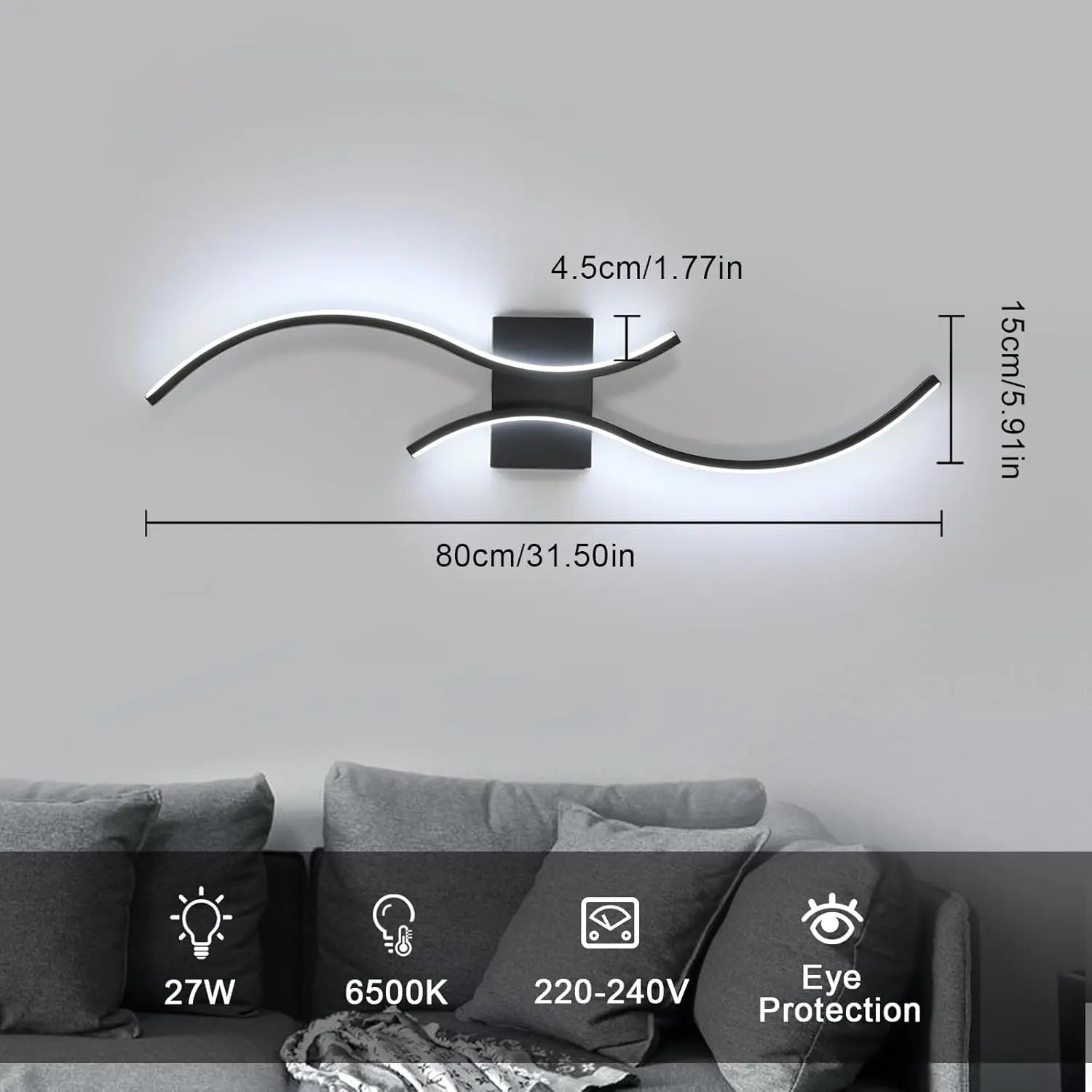 Wall-mounted light fixture with dimensions and specifications on a neutral background